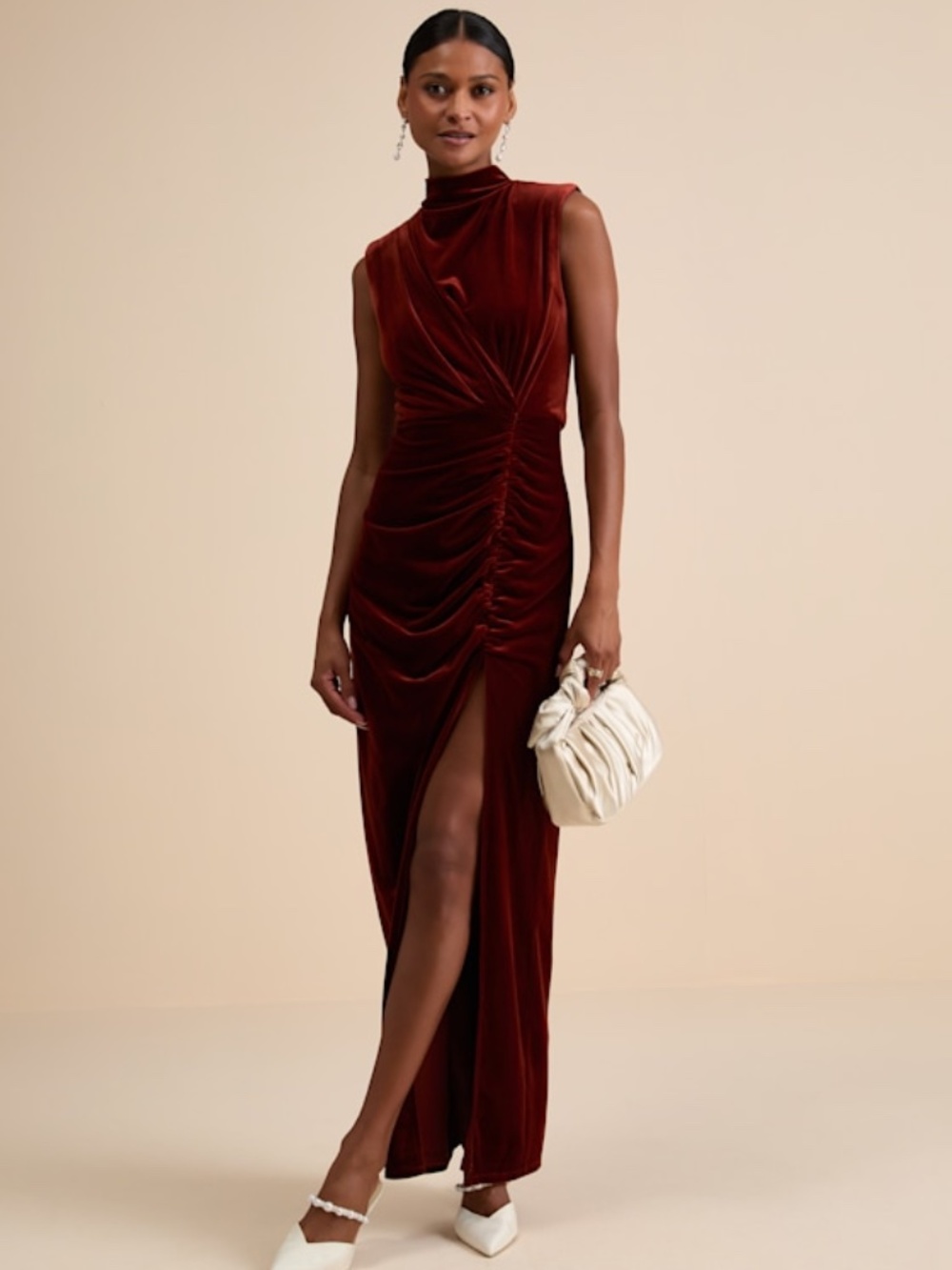 Lulus Alluring Image Rust Red Ruched Velvet Mock Neck Maxi Dress - Size M